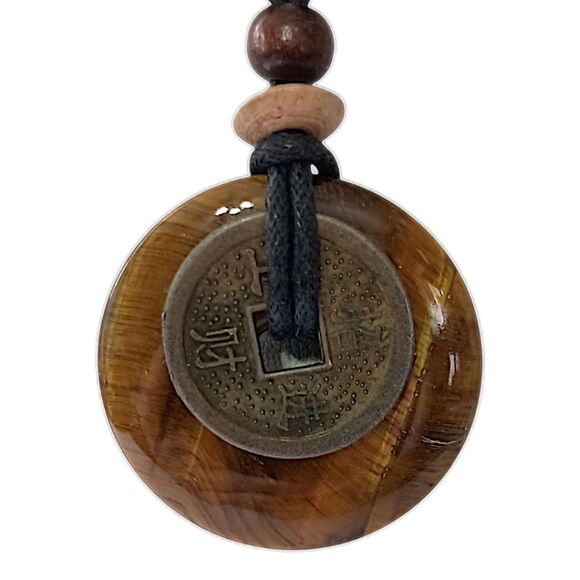 Tigers Eye Necklace Pendant Disc Coin Corded Bohemian Hippie Boho Chic Gypsy - Picture 4 of 16